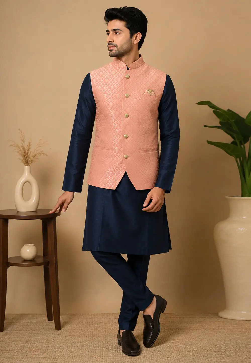 Navy Blue Silk Kurta Pajama With Jacket 333253