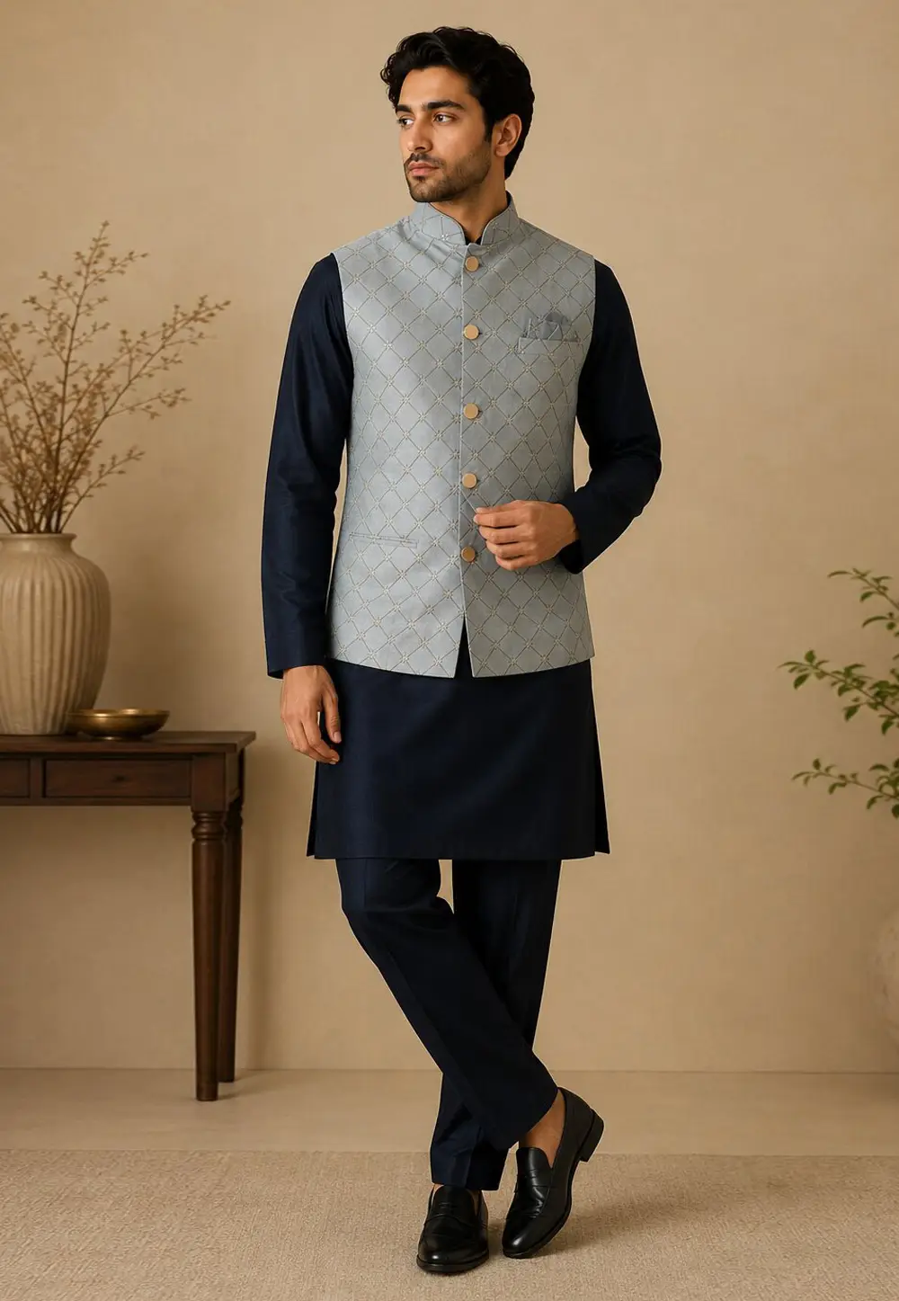 Navy Blue Silk Kurta Pajama With Jacket 334297