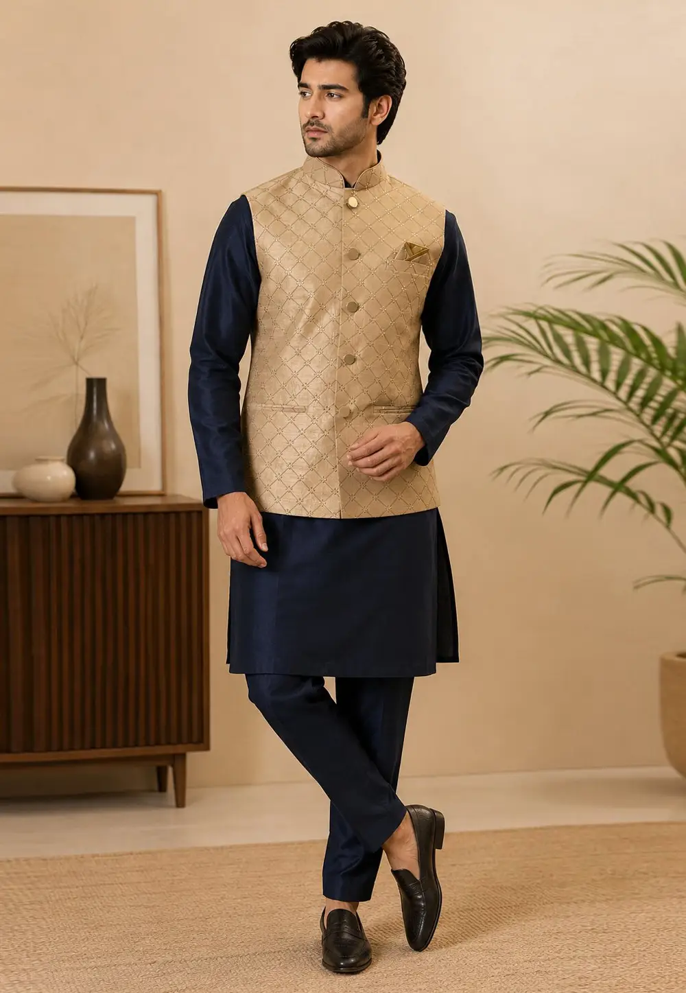 Navy Blue Silk Kurta Pajama With Jacket 334299