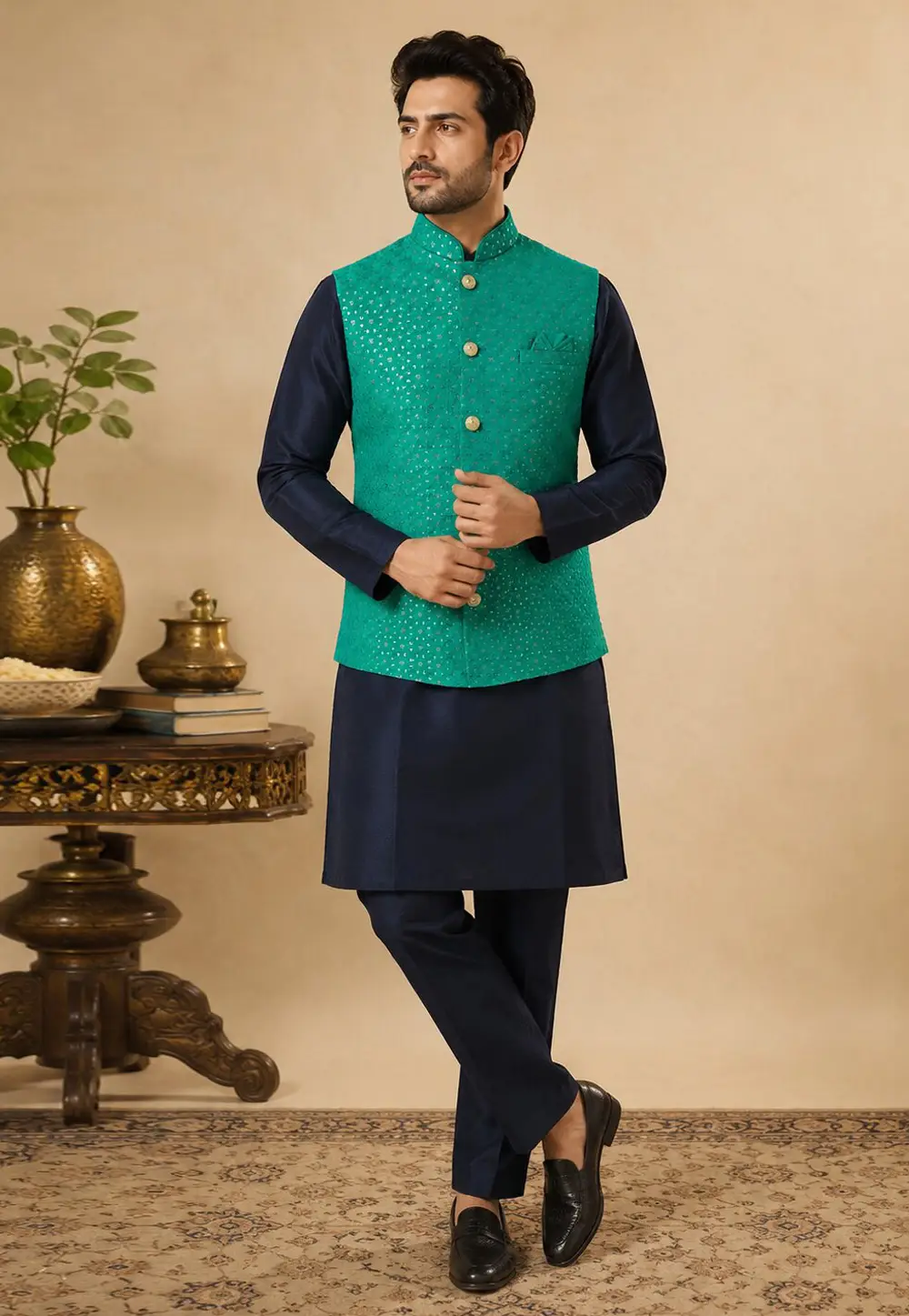 Navy Blue Silk Kurta Pajama With Jacket 334301
