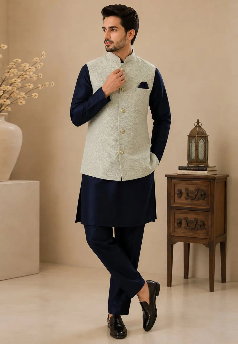 Navy Blue Silk Kurta Pajama With Jacket 334307