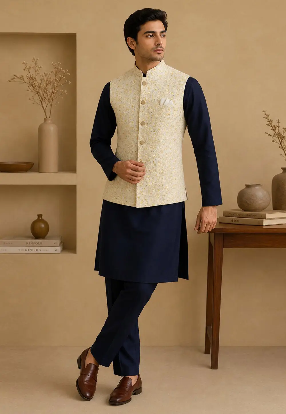 Navy Blue Silk Kurta Pajama With Jacket 334313