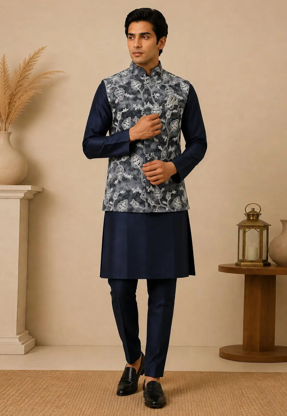 Navy Blue Silk Kurta Pajama With Jacket 334318