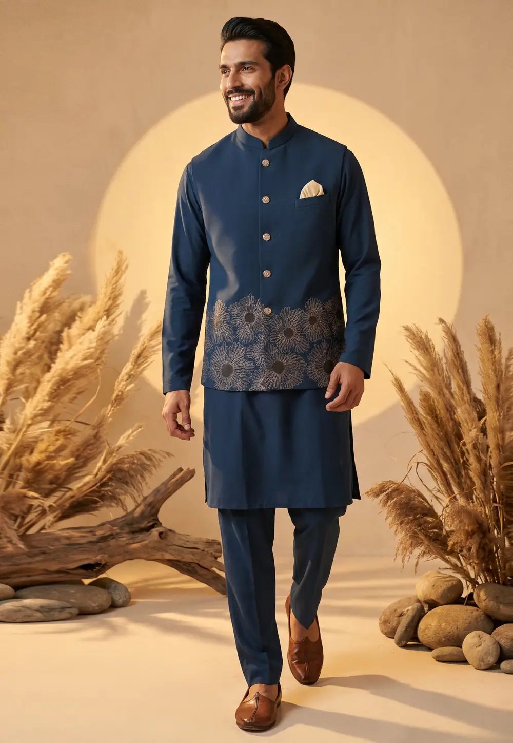 Navy Blue Silk Kurta Pajama With Jacket 337207