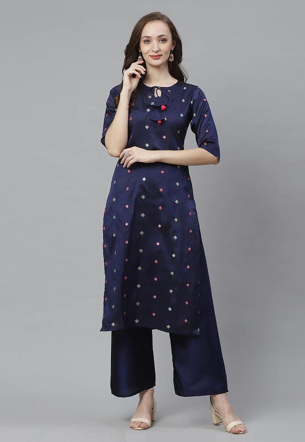 Navy Blue Silk Kurta Set With Palazzo 281390