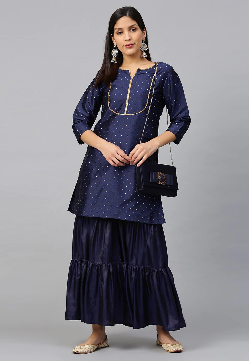 Navy Blue Silk Kurta Set With Sharara 281392