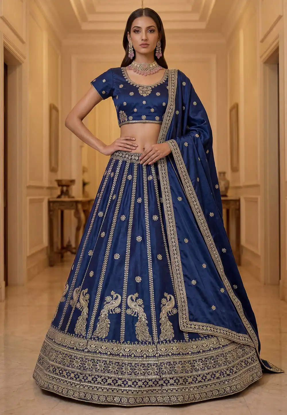 Navy Blue Silk Lehenga Choli For Wedding 330164