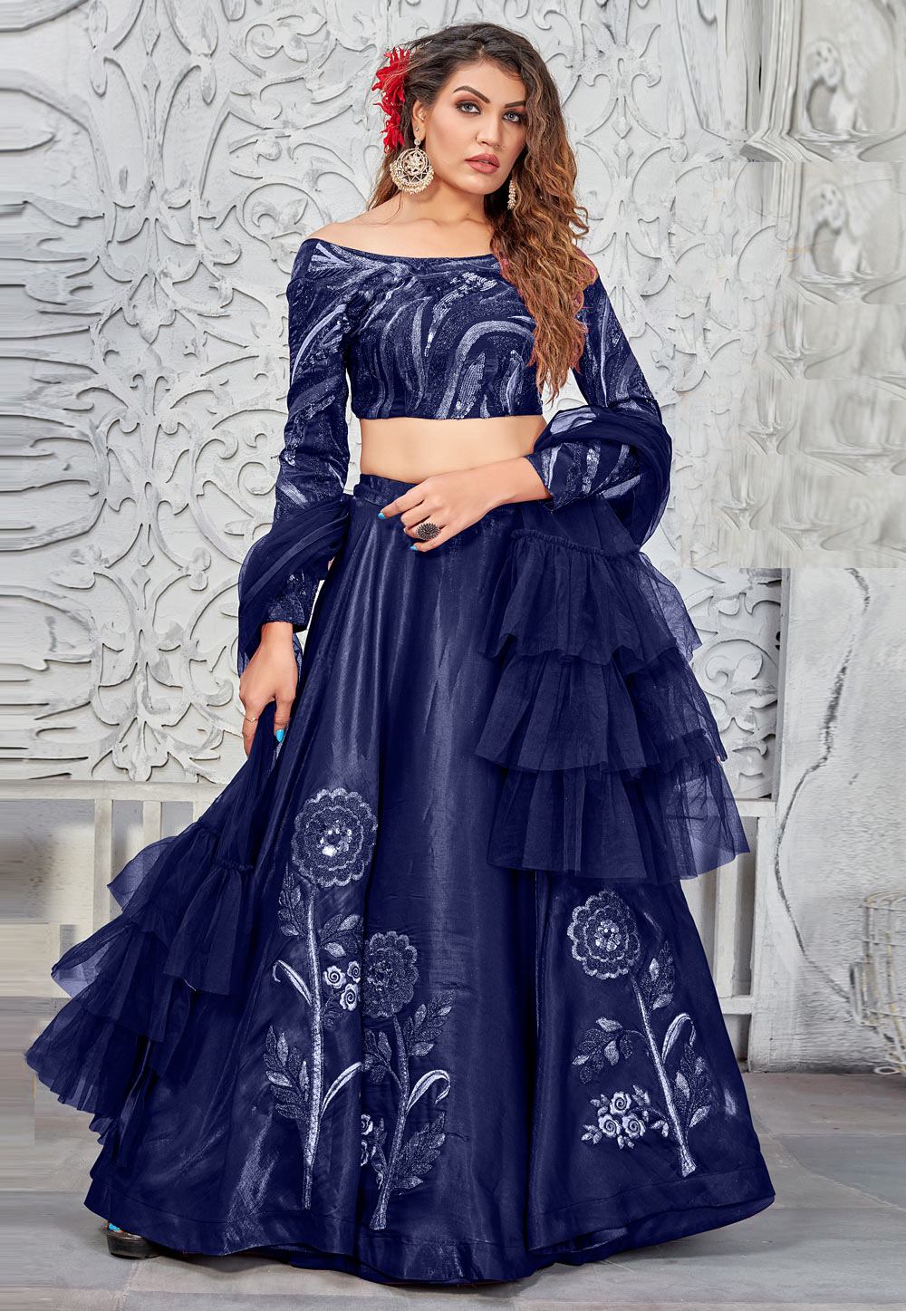 Navy Blue Silk Lehenga Choli 308431