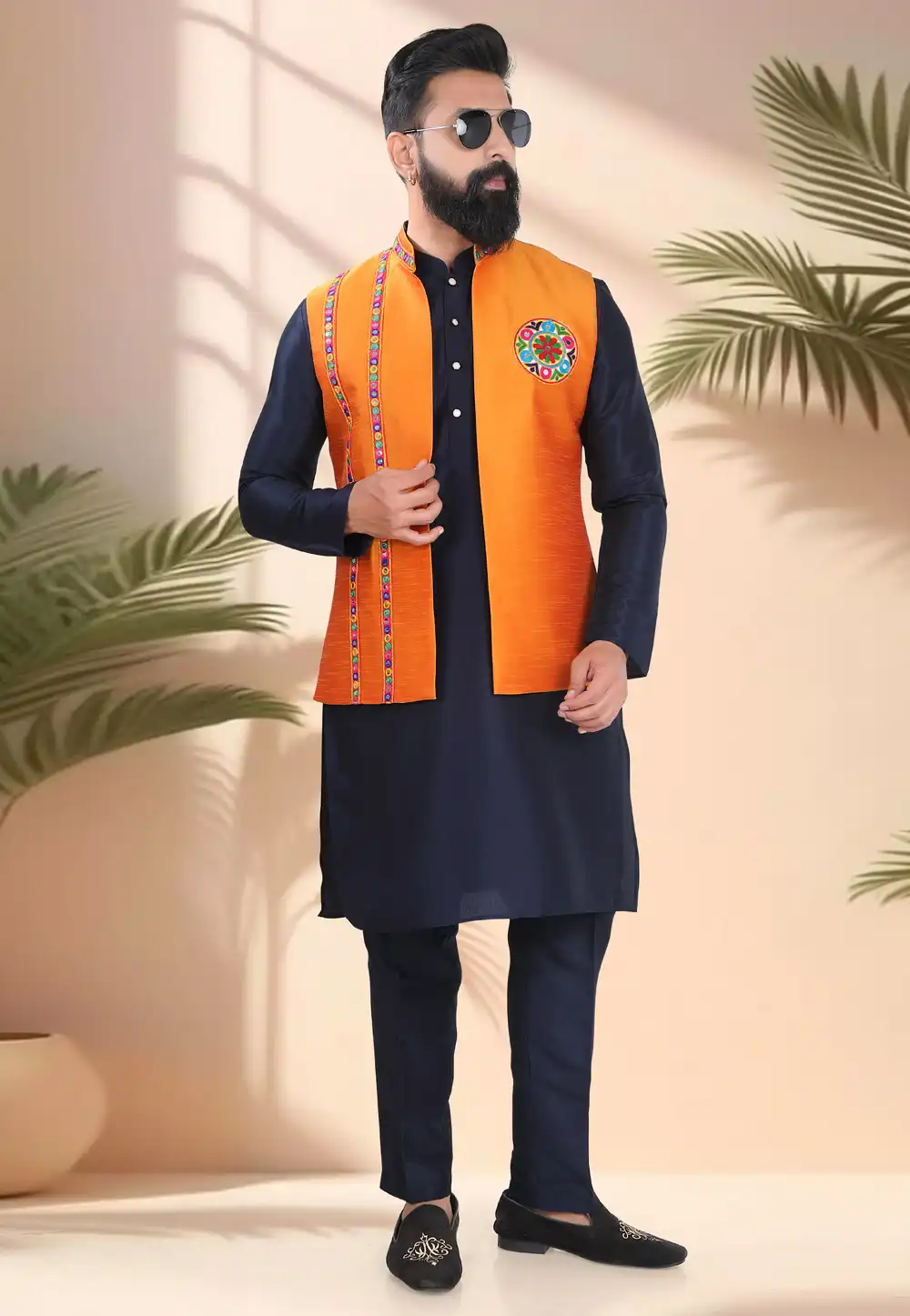 Navy Blue Silk Navratri Kurta Pajama With Jacket 316318