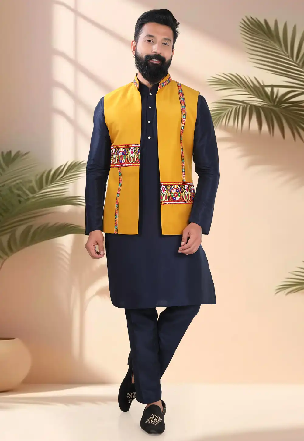 Navy Blue Silk Navratri Kurta Pajama With Jacket 316319