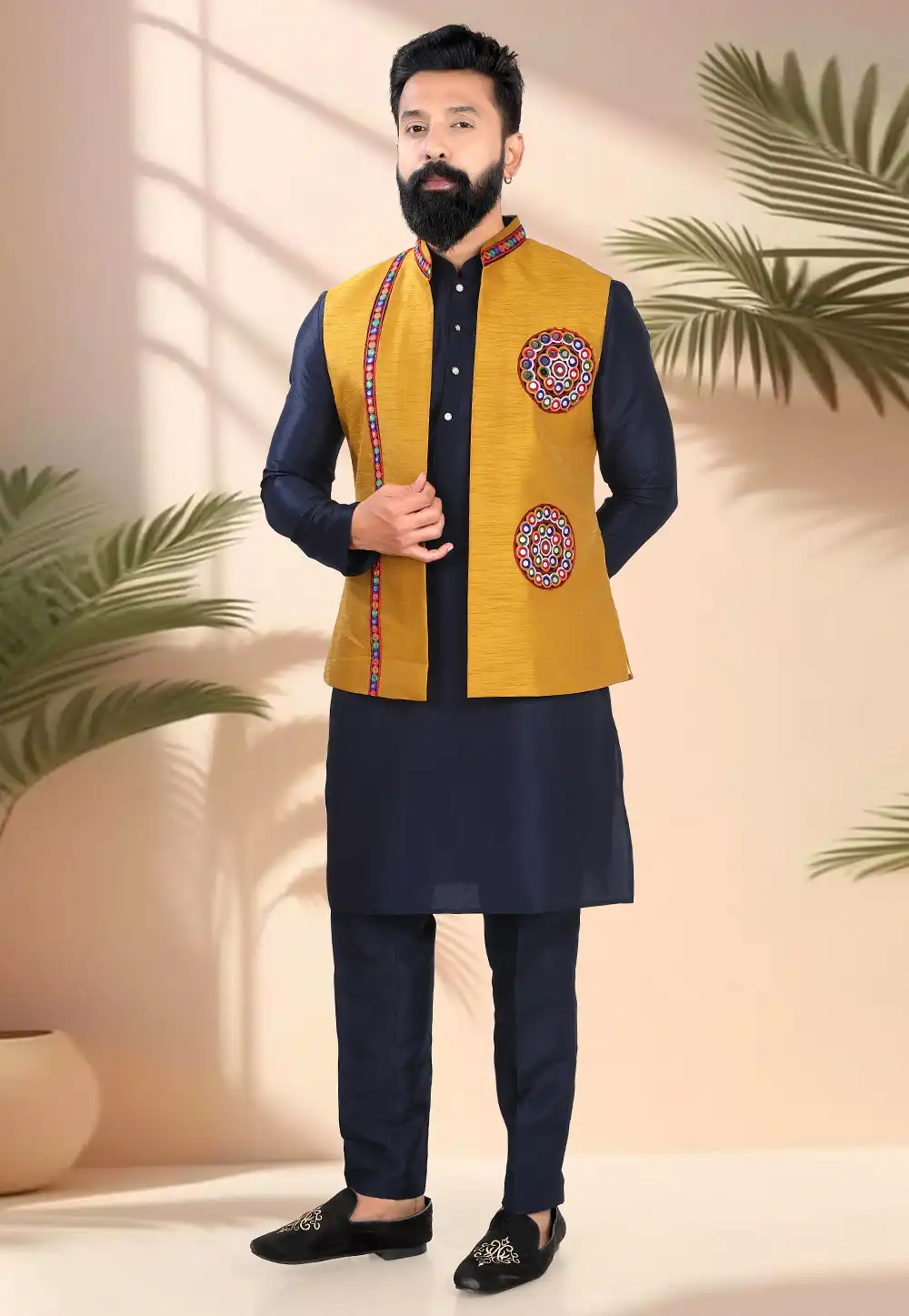 Navy Blue Silk Navratri Kurta Pajama With Jacket 316320