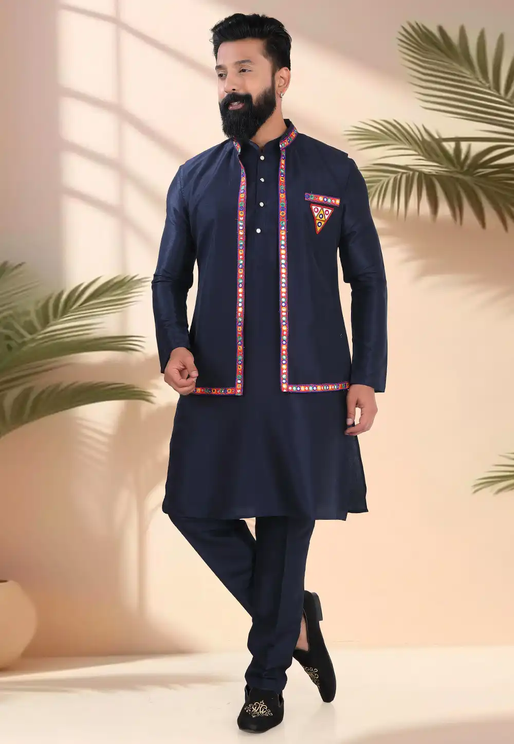 Navy Blue Silk Navratri Kurta Pajama With Jacket 316321
