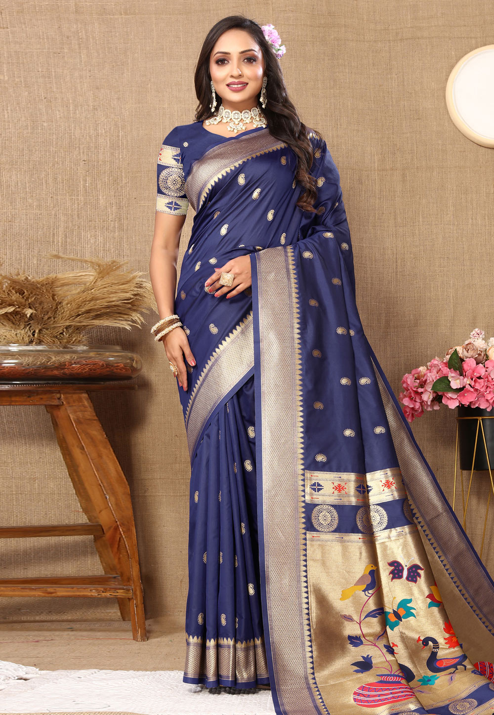 Navy Blue Silk Paithani Saree 286293