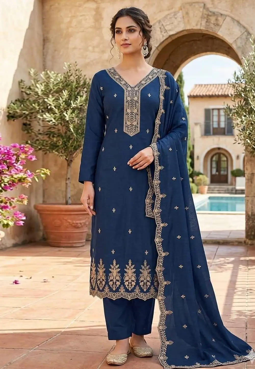 Navy Blue Silk Pakistani Suit 330889