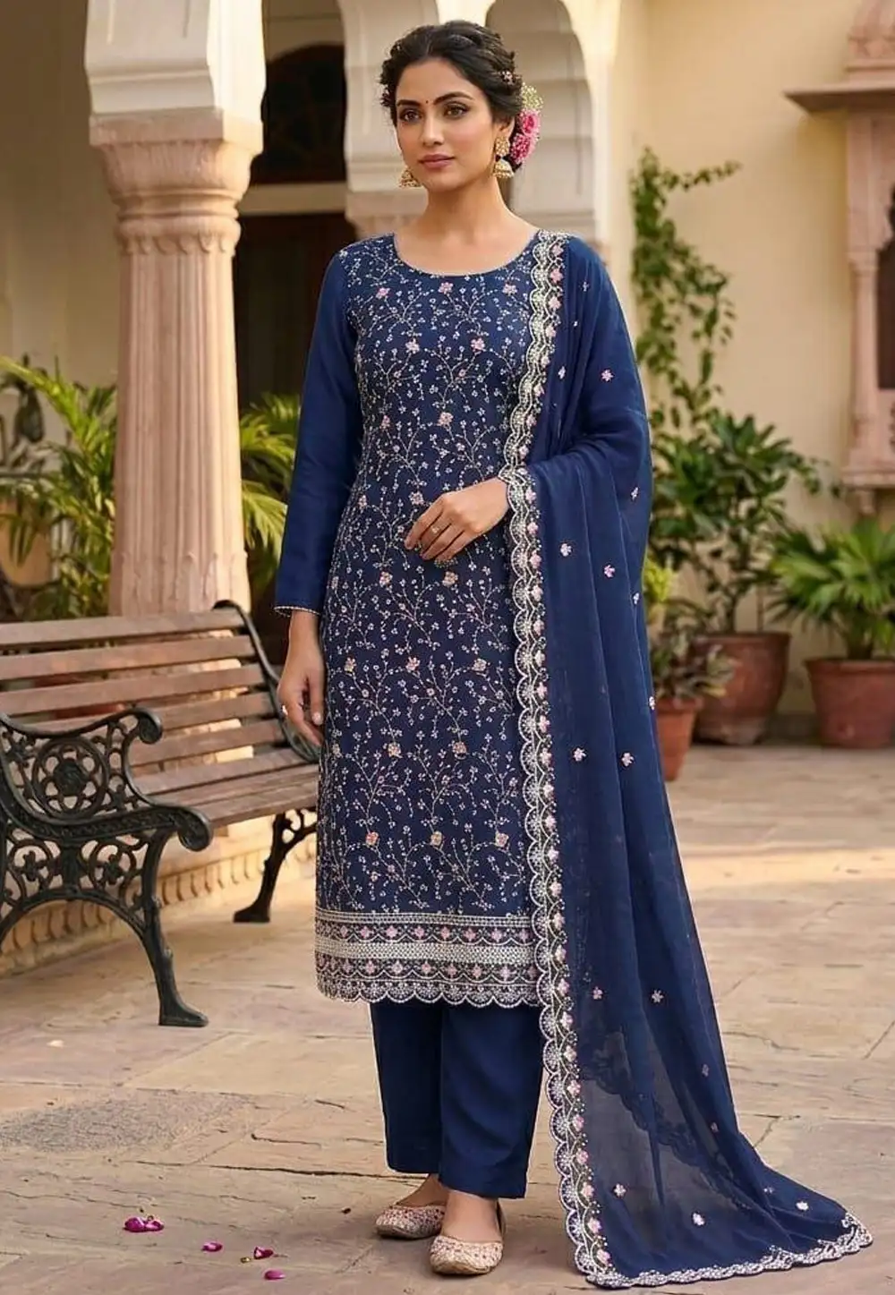 Navy Blue Silk Pakistani Suit 330895