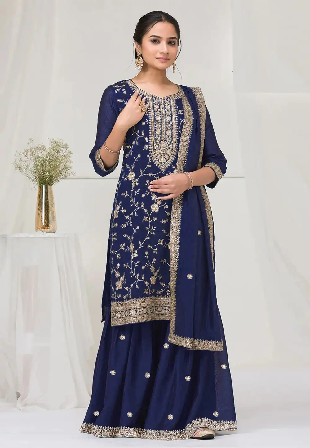 Navy Blue Silk Palazzo Suit 317185