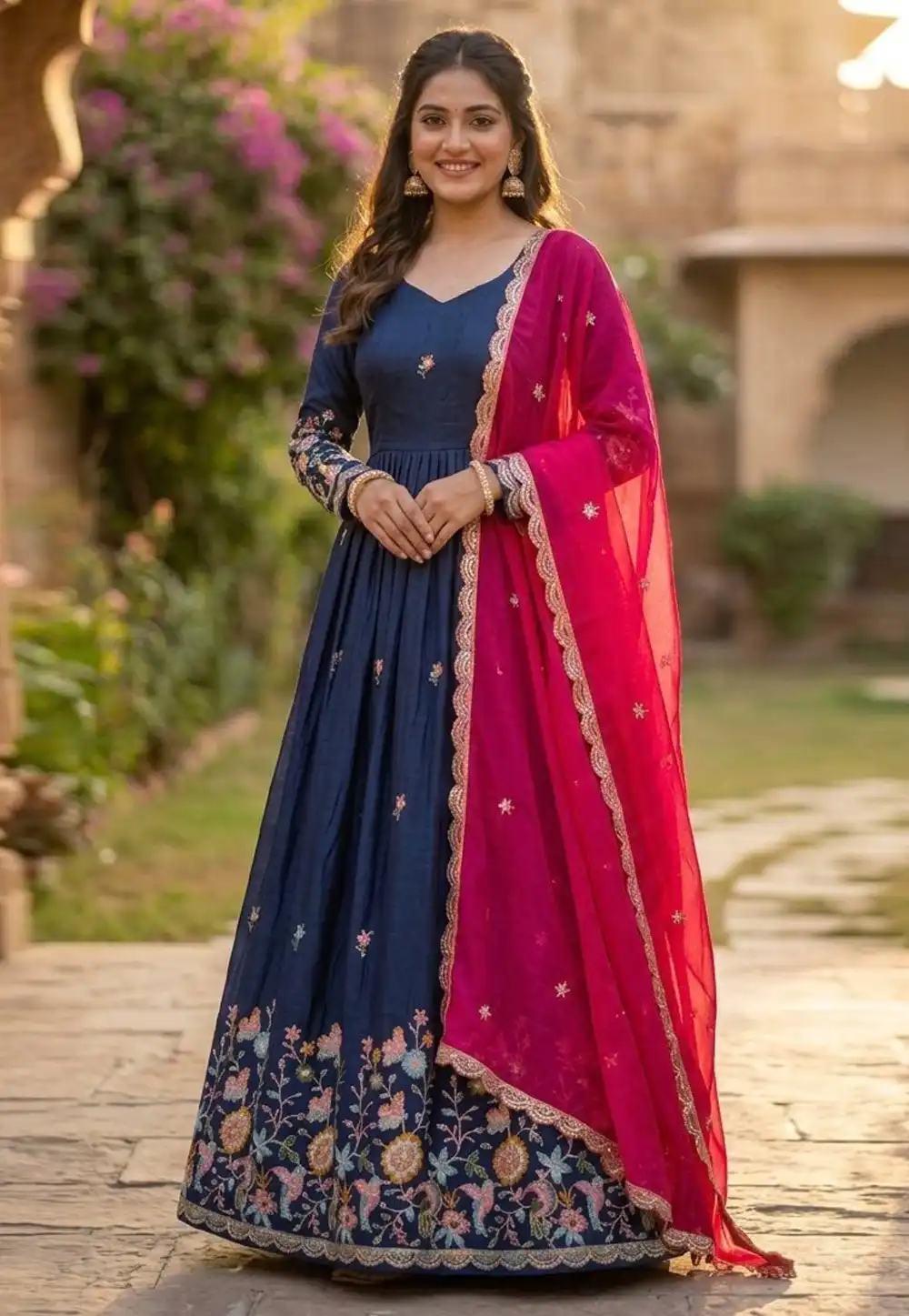 Navy Blue Silk Readymade Anarkali Suit 329618