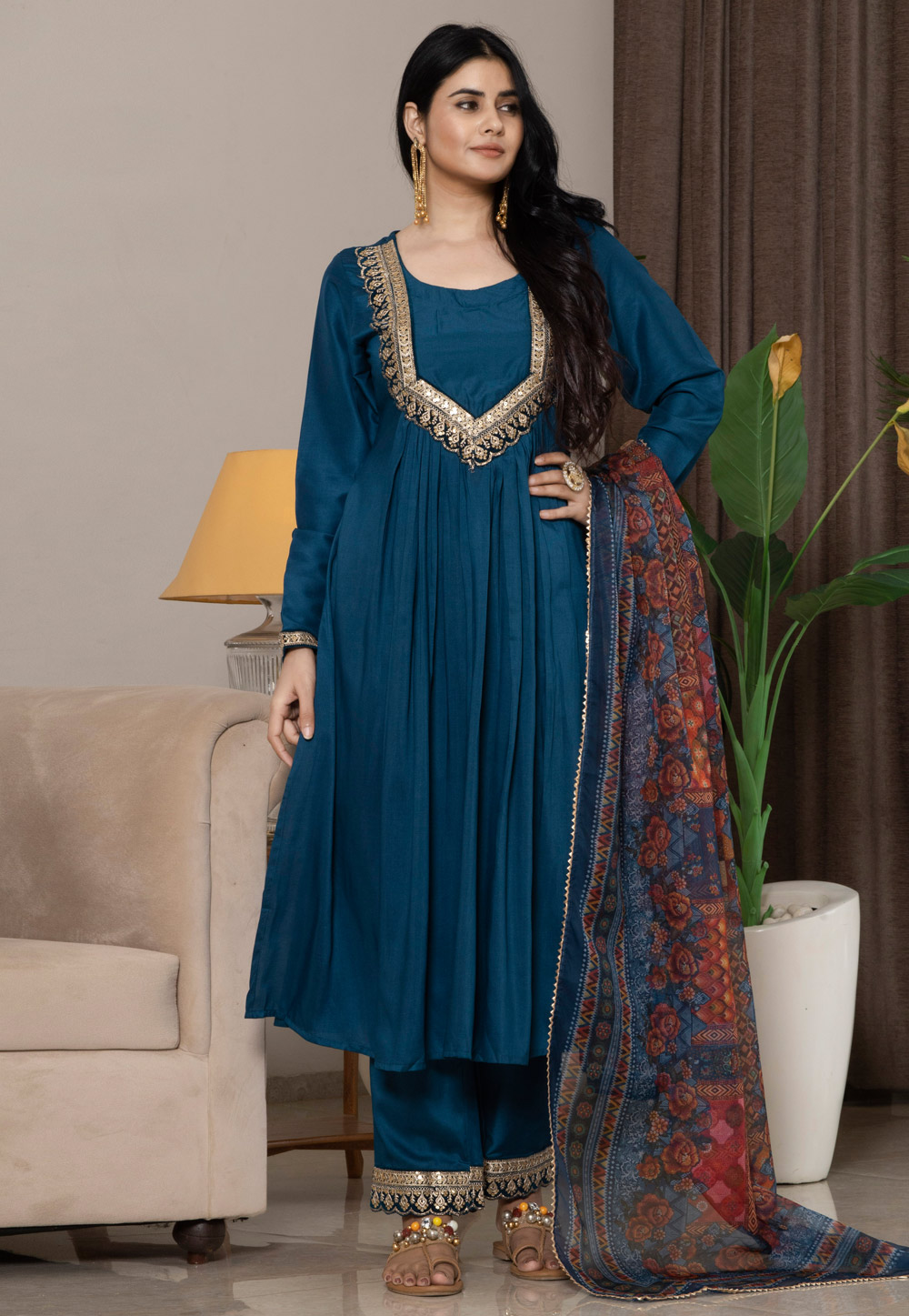 Navy Blue Silk Readymade Anarkali Suit 308453
