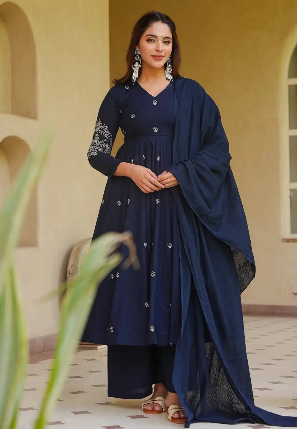 Navy Blue Silk Readymade Anarkali Suit 331229