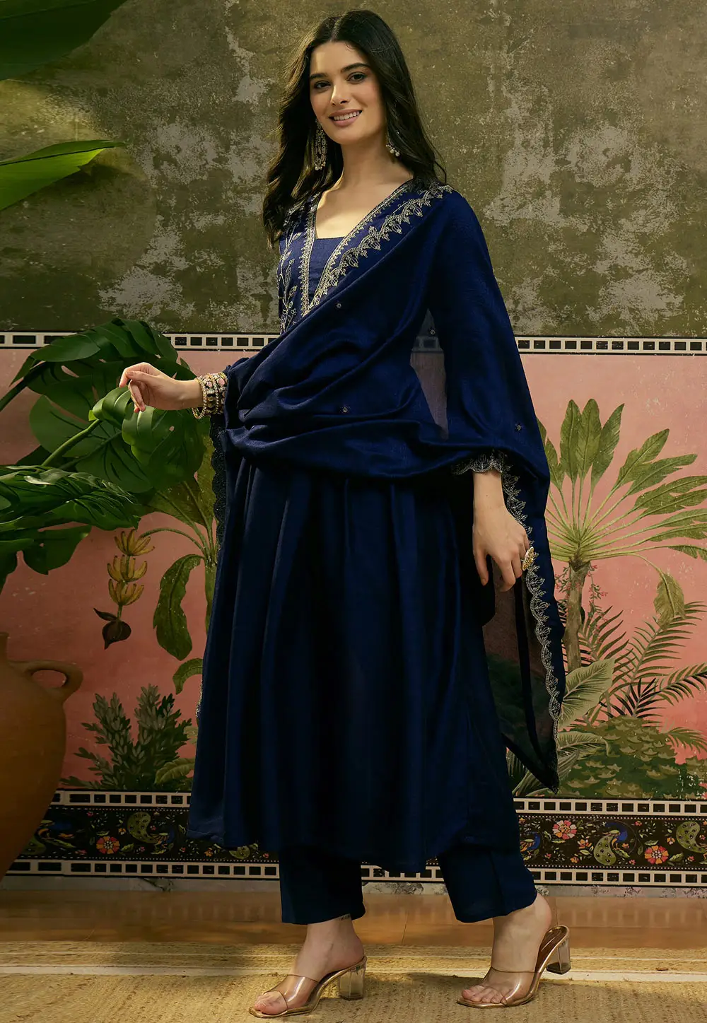 Navy Blue Silk Readymade Anarkali Suit 334431