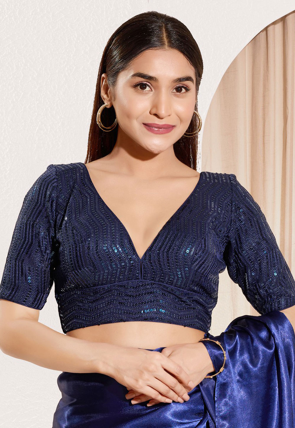 Navy Blue Silk Readymade Blouse 327196