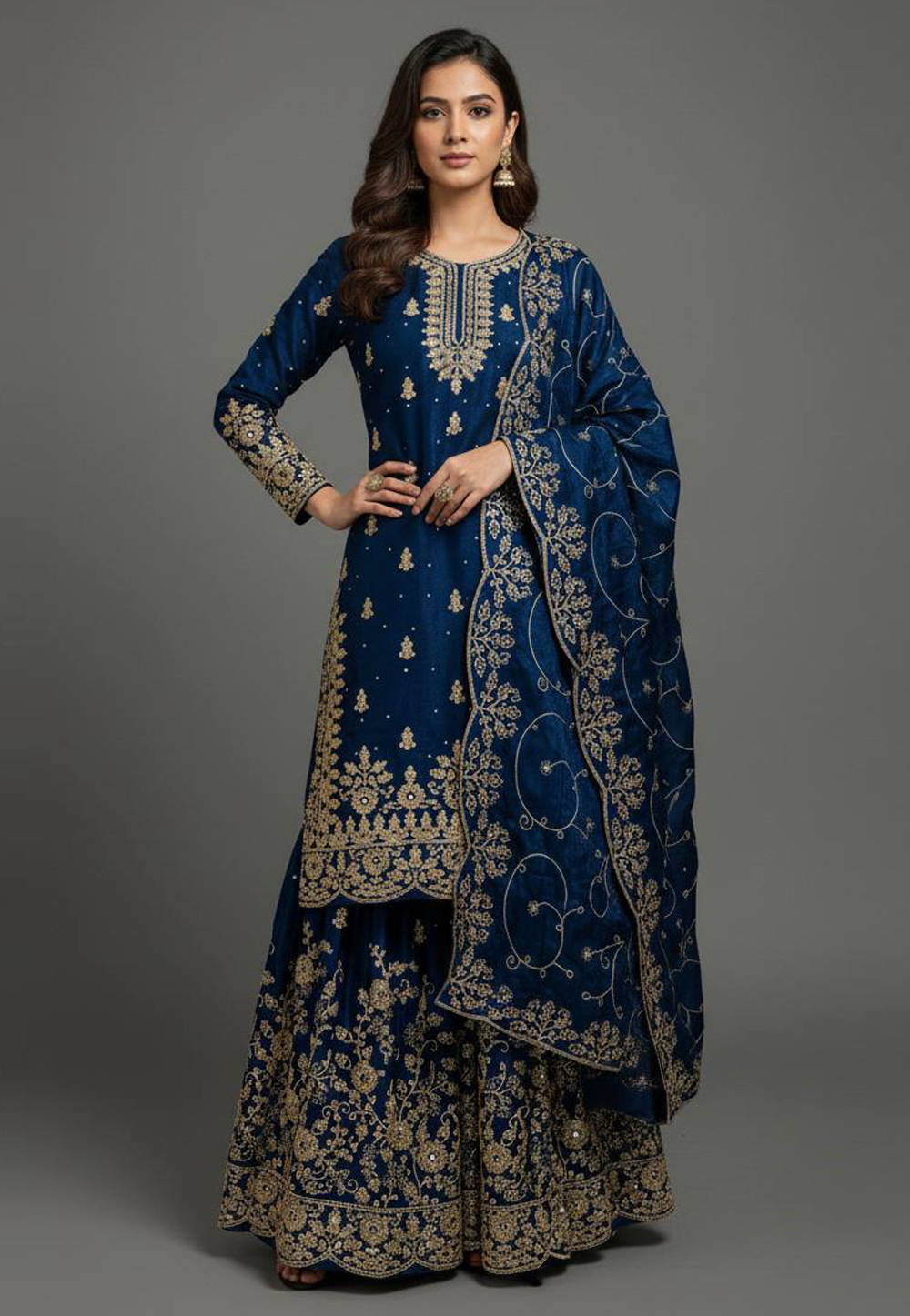 Navy Blue Silk Readymade Gharara Suit 323481