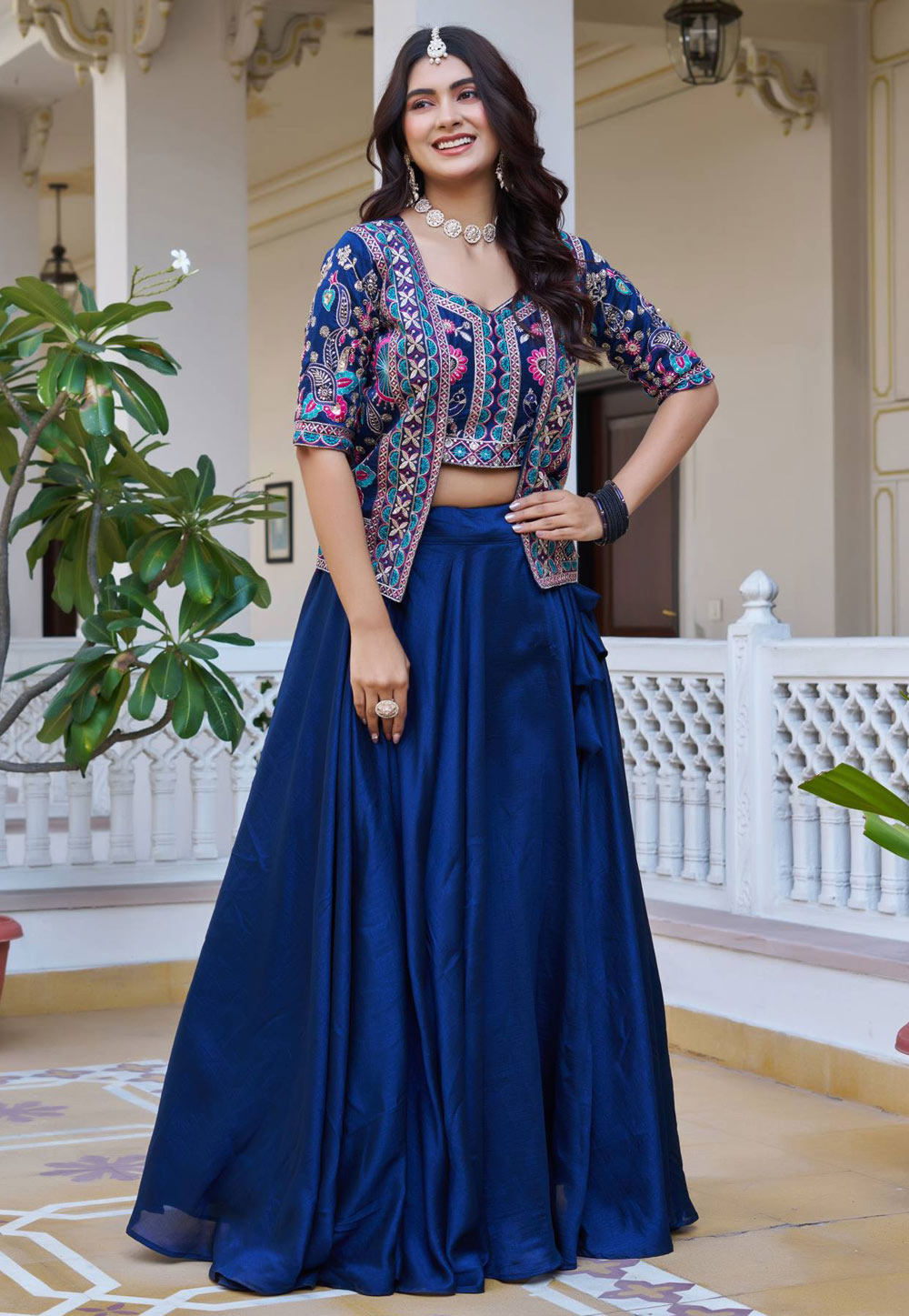 Navy Blue Silk Readymade Indo Western Lehenga Choli 320069