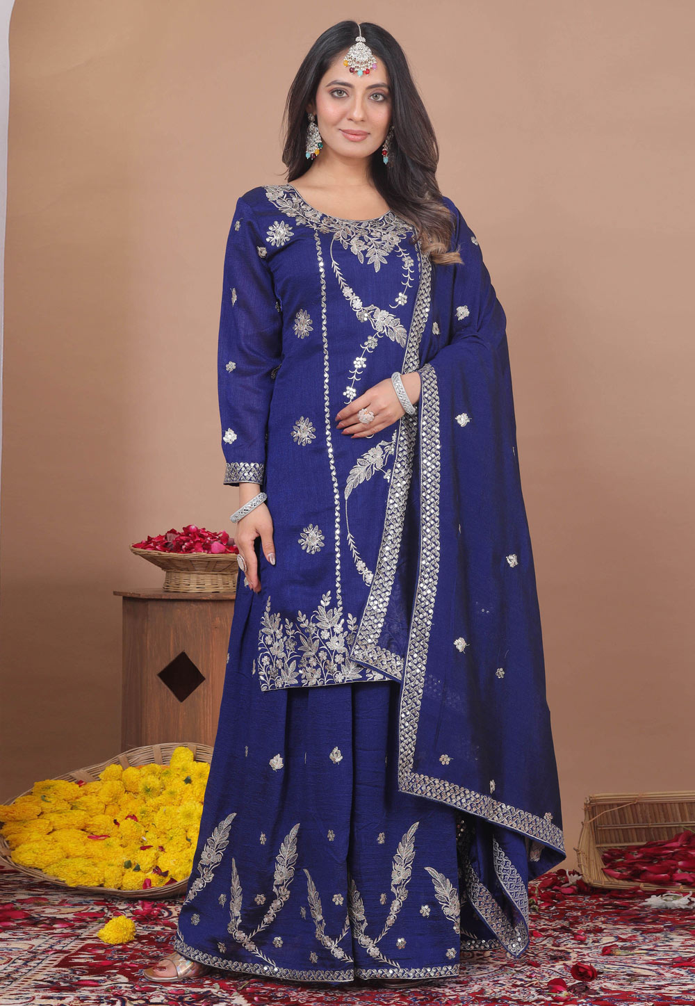 Navy Blue Silk Readymade Pakistani Suit 323629
