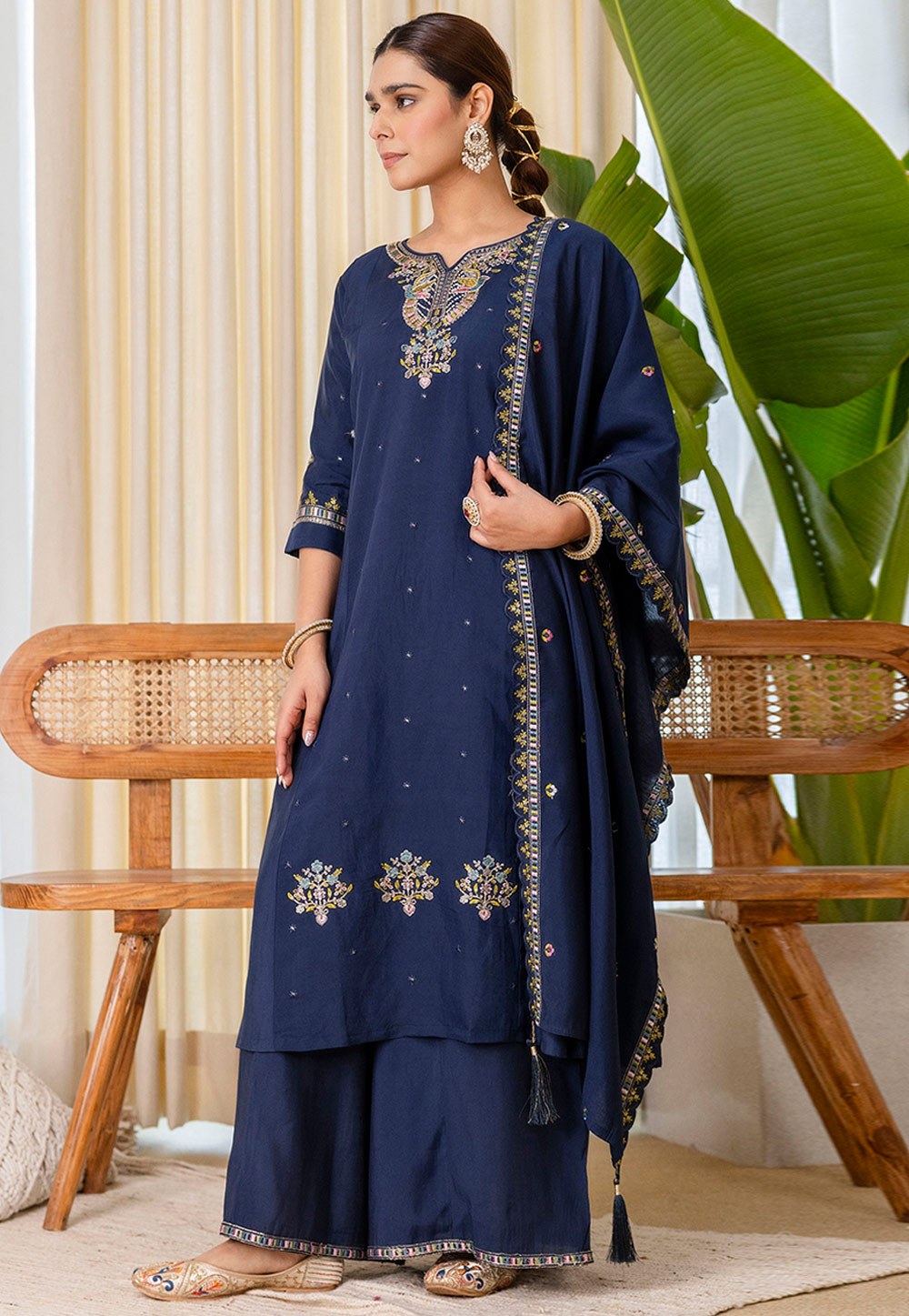 Navy Blue Silk Readymade Pakistani Suit 330208