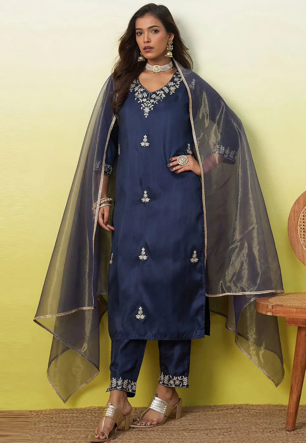 Navy Blue Silk Readymade Pakistani Suit 333787