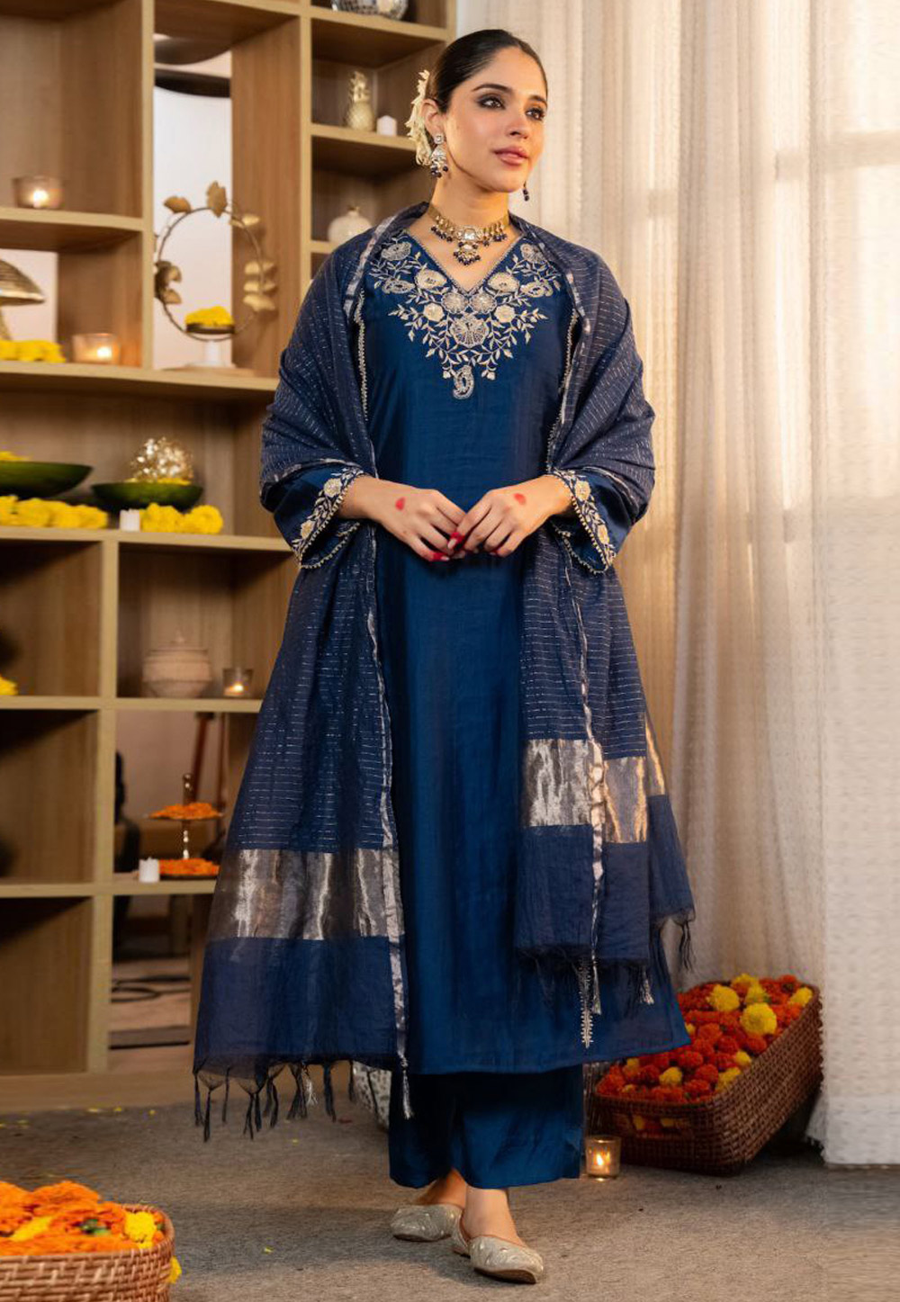 Navy Blue Silk Readymade Palazzo Suit 323482