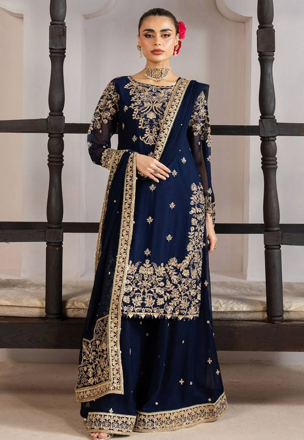 Navy Blue Silk Readymade Palazzo Suit 323788