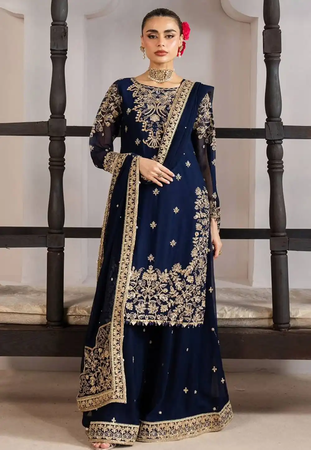 Navy Blue Silk Readymade Palazzo Suit 323788