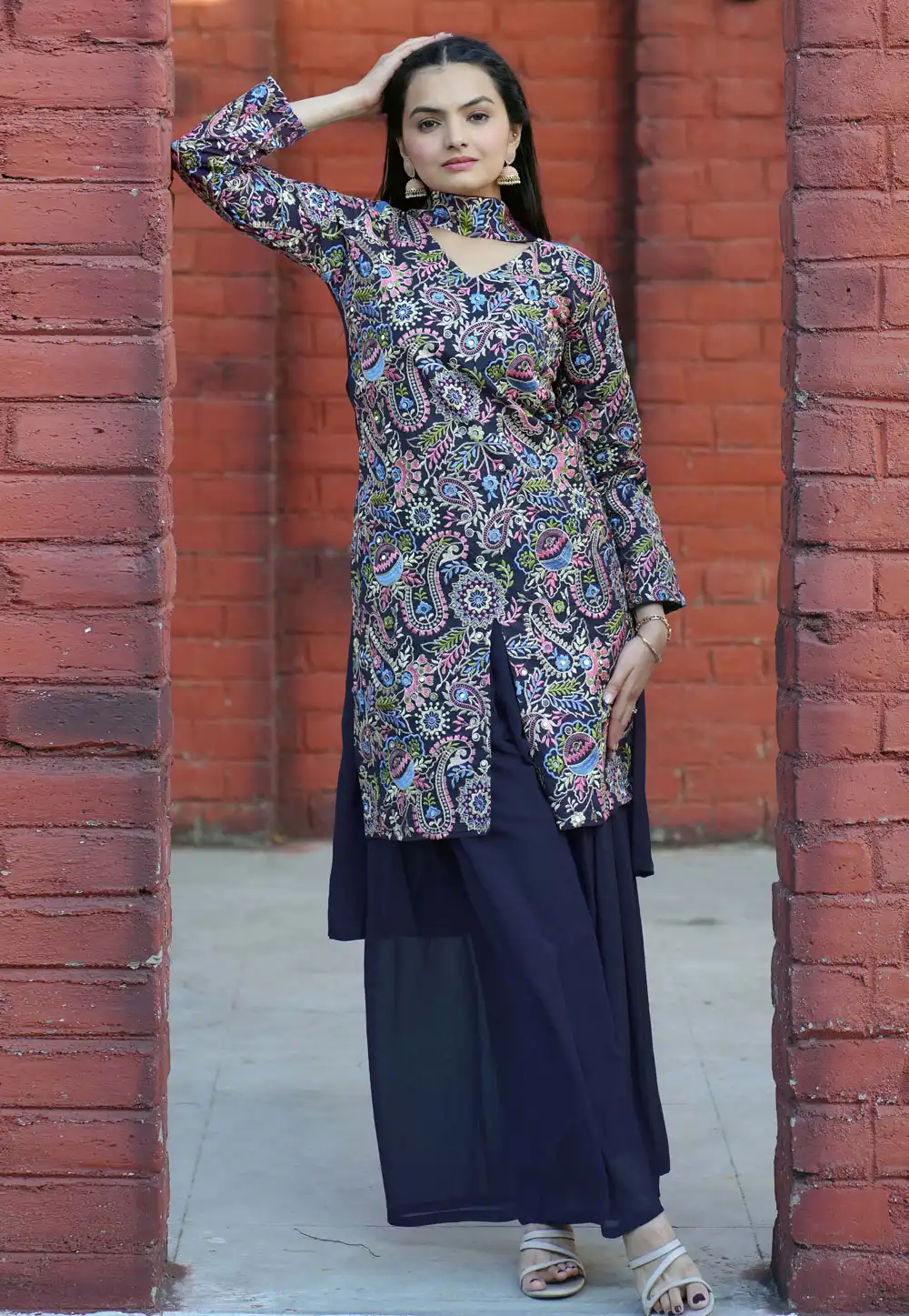 Navy Blue Silk Readymade Palazzo Suit 317130