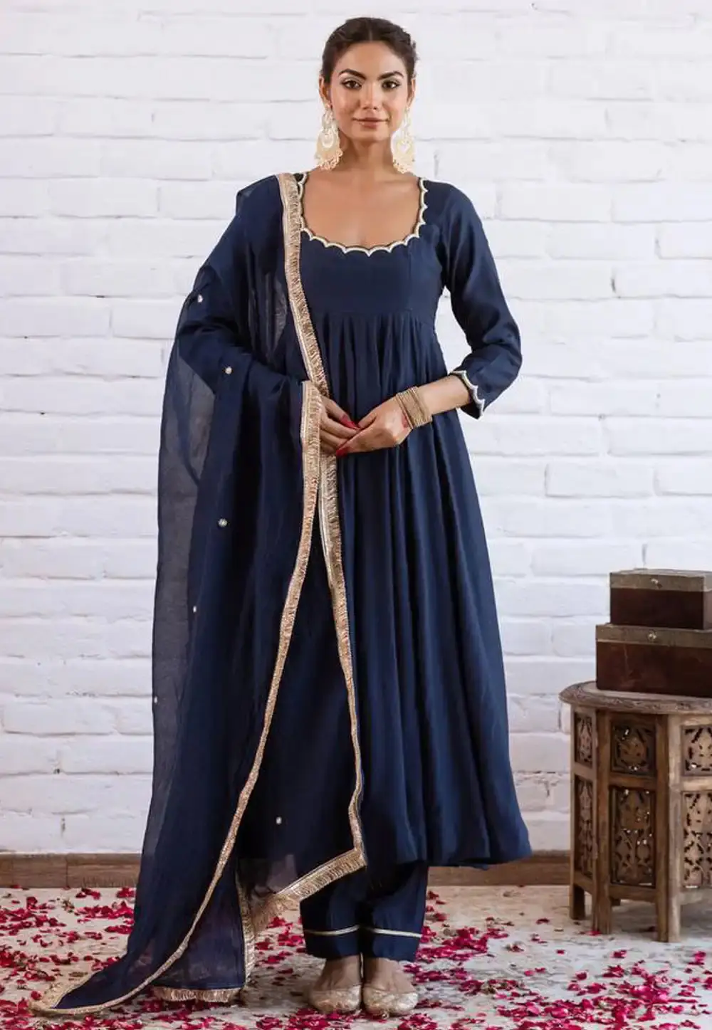 Navy Blue Silk Readymade Pant Style Suit 330186