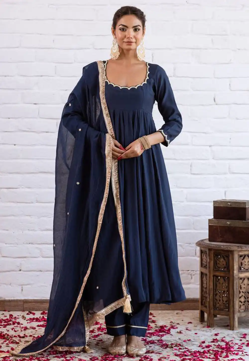 Navy Blue Silk Readymade Pant Style Suit 330186
