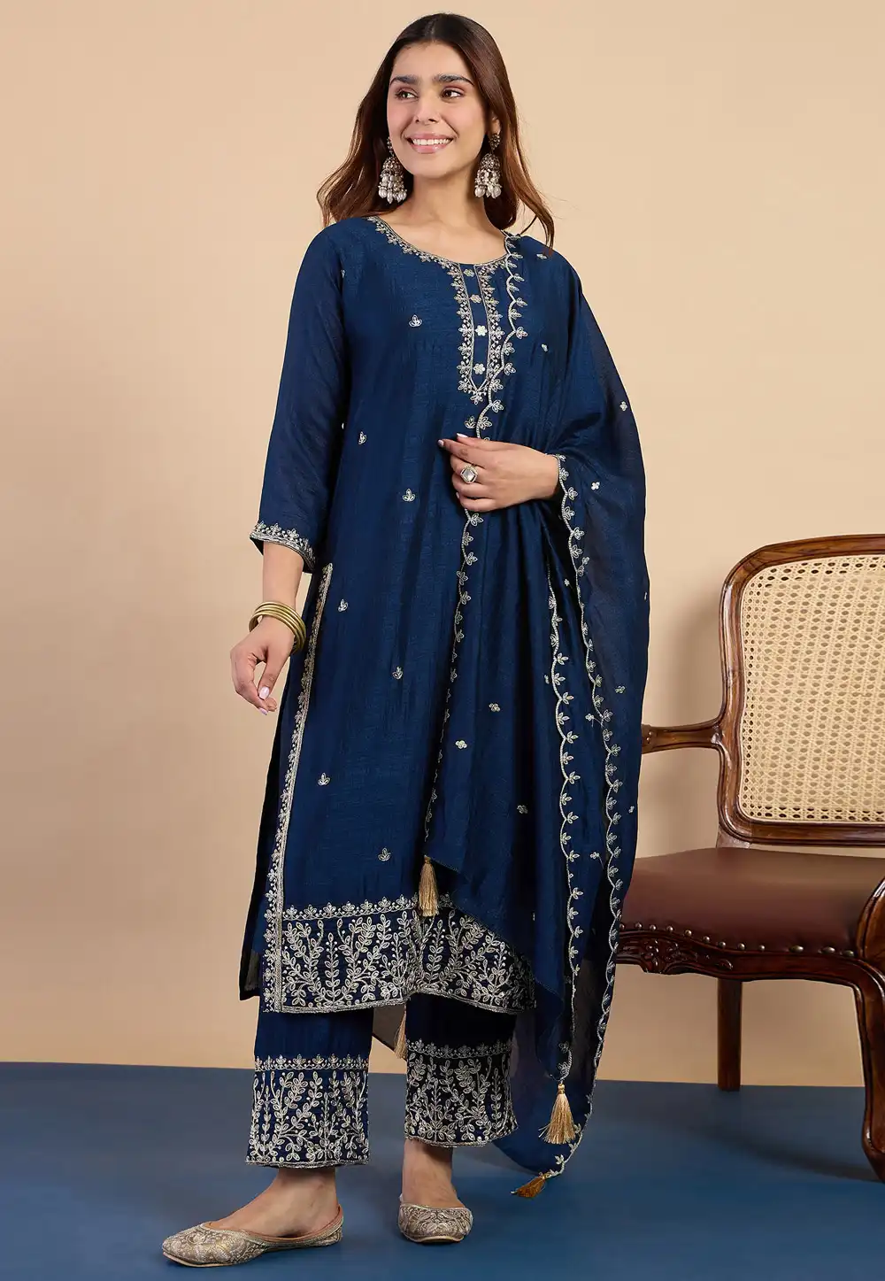 Navy Blue Silk Readymade Pant Style Suit 329575