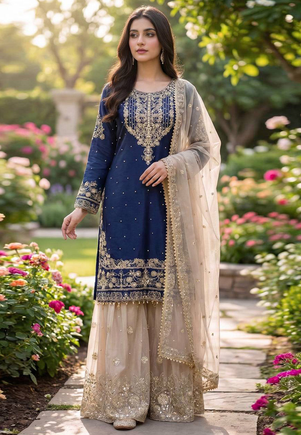 Navy Blue Silk Readymade Sharara Suit 321588