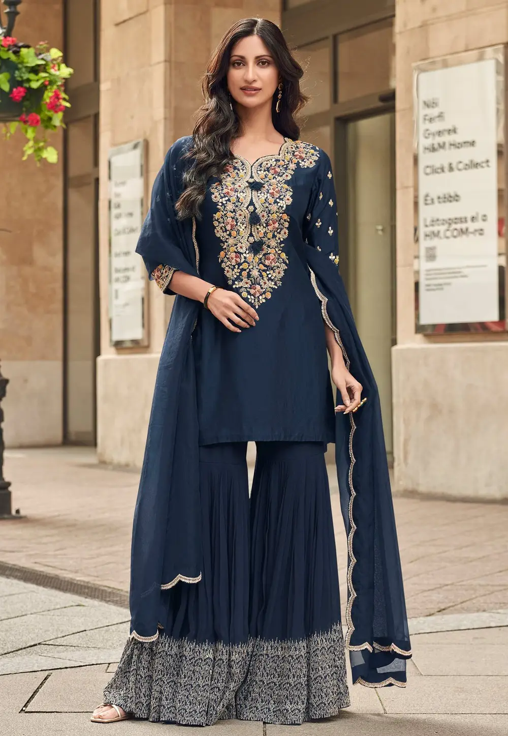 Navy Blue Silk Readymade Sharara Suit 335529