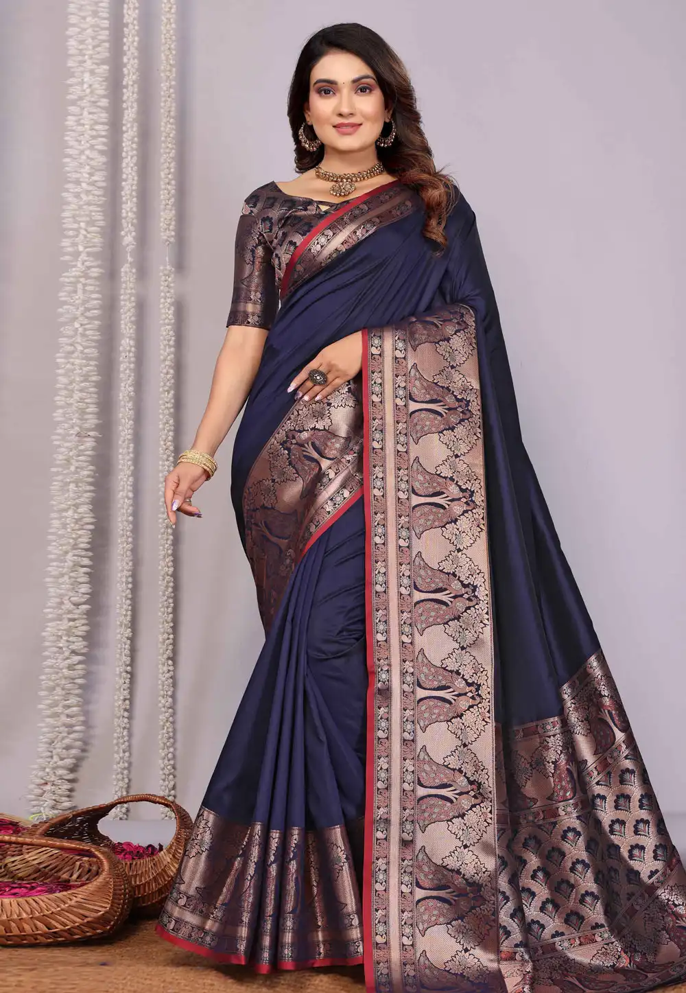 Navy Blue Silk Saree With Blouse 321042