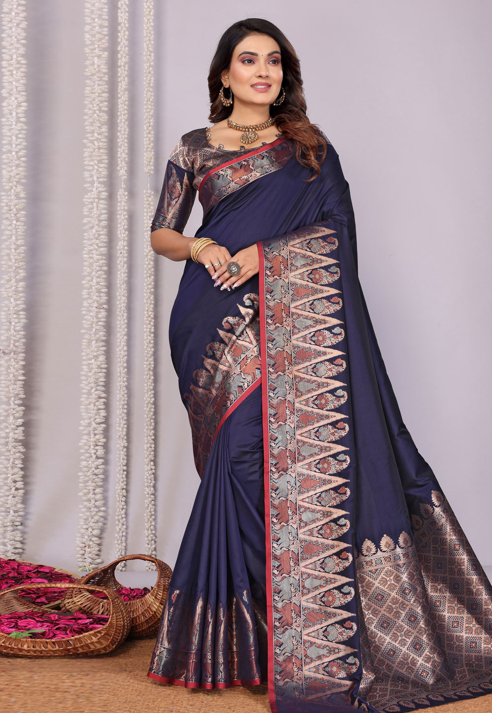 Navy Blue Silk Saree With Blouse 320687