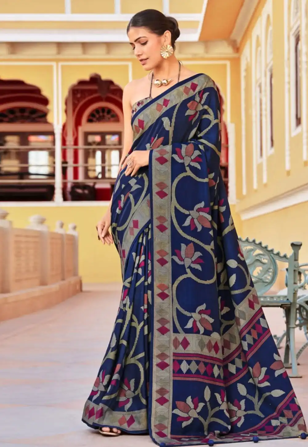 Navy Blue Silk Saree With Blouse 319865