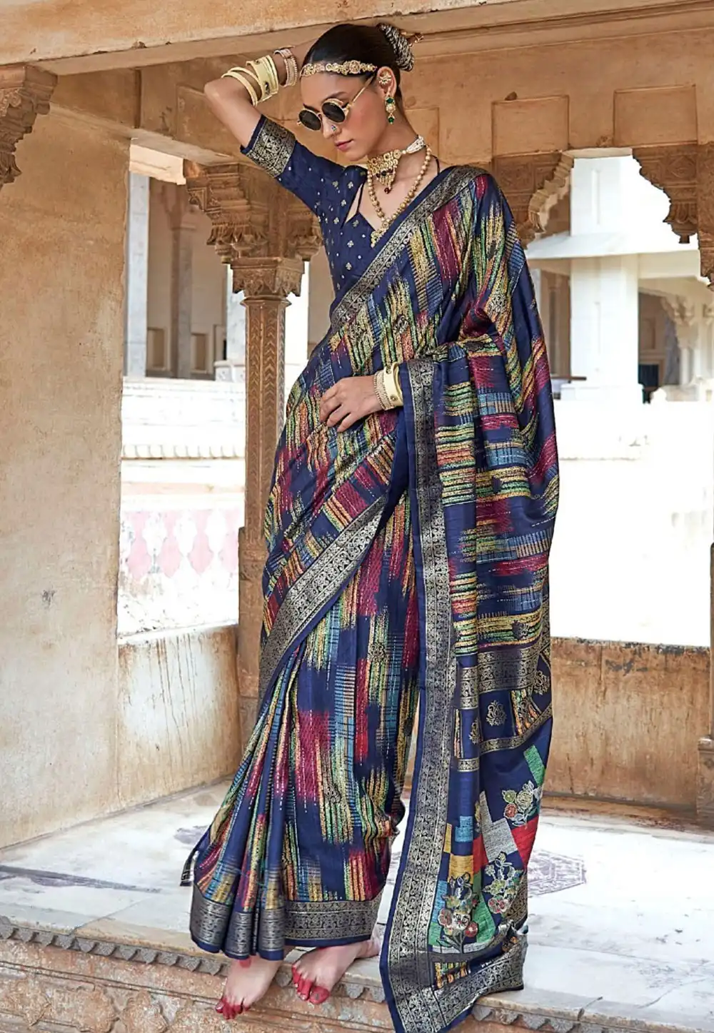 Navy Blue Silk Saree With Blouse 318449