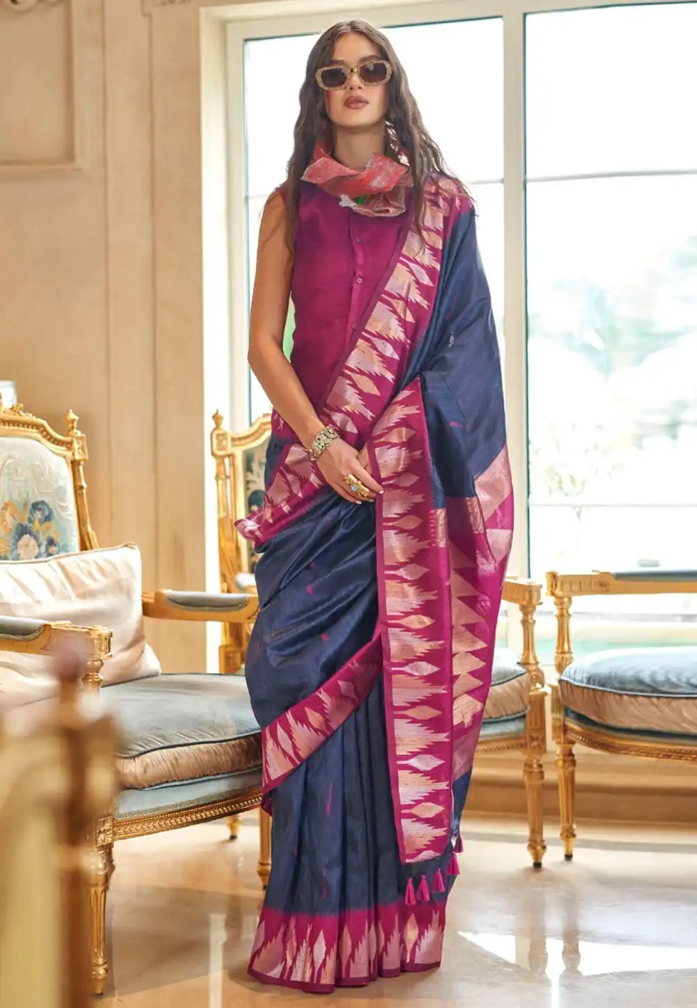 Navy Blue Silk Saree With Blouse 323224