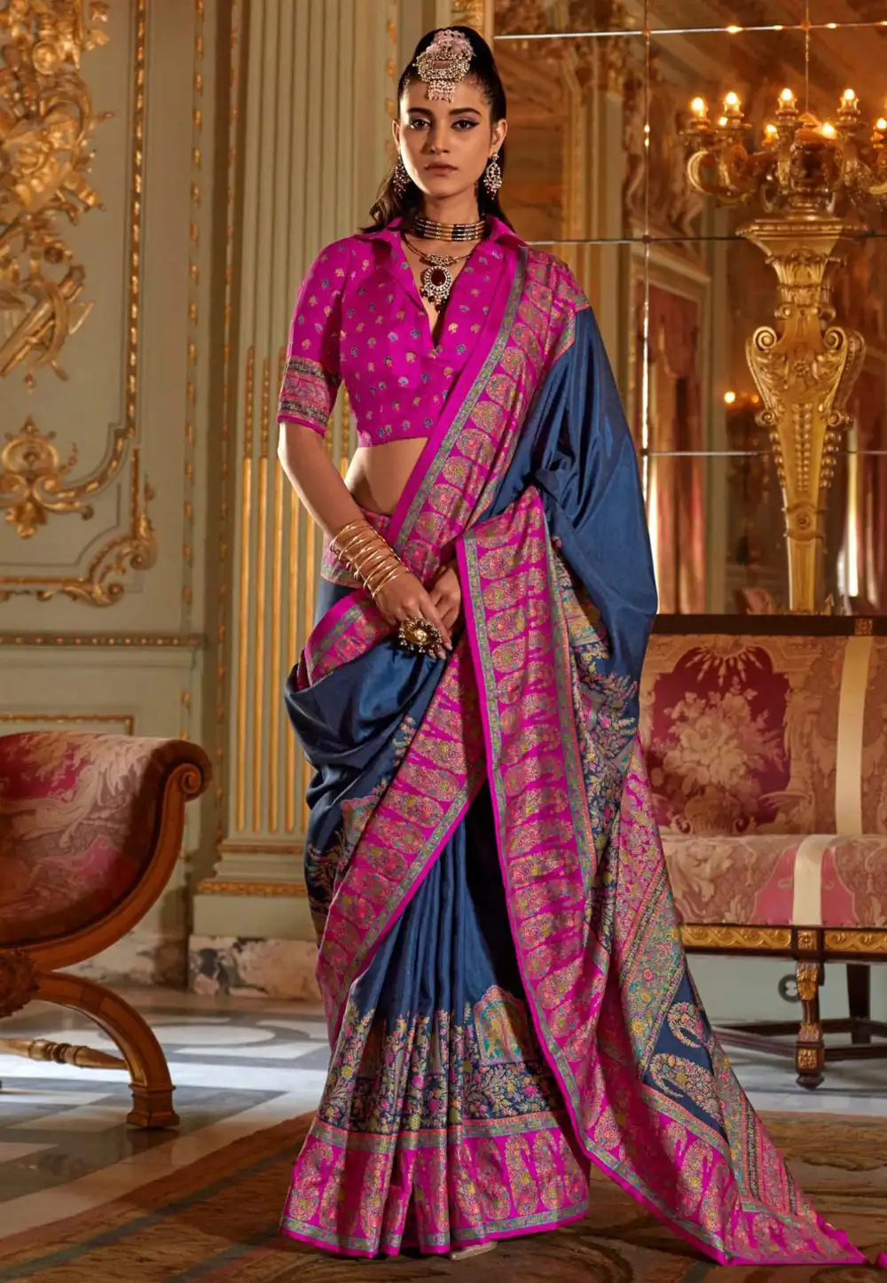 Navy Blue Silk Saree With Blouse 319222