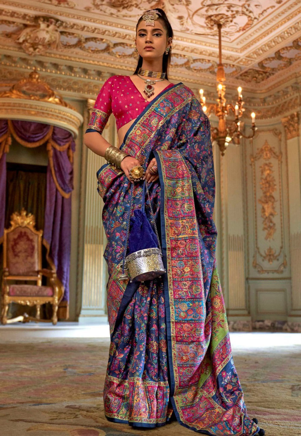 Navy Blue Silk Saree With Blouse 322124