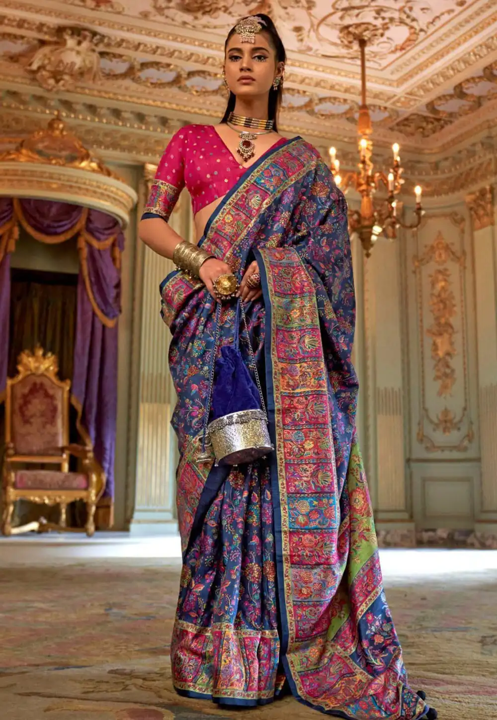 Navy Blue Silk Saree With Blouse 322124
