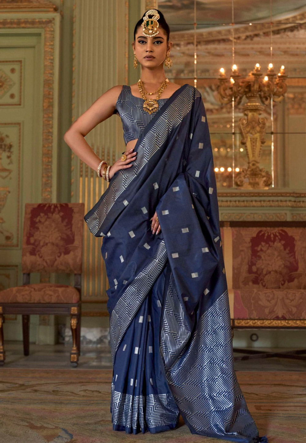 Navy Blue Silk Saree With Blouse 321363