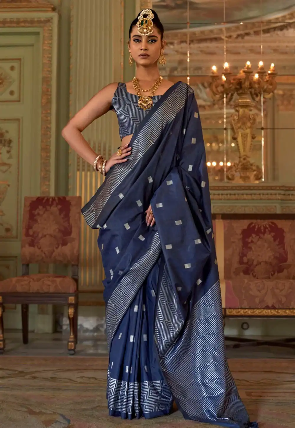Navy Blue Silk Saree With Blouse 321363