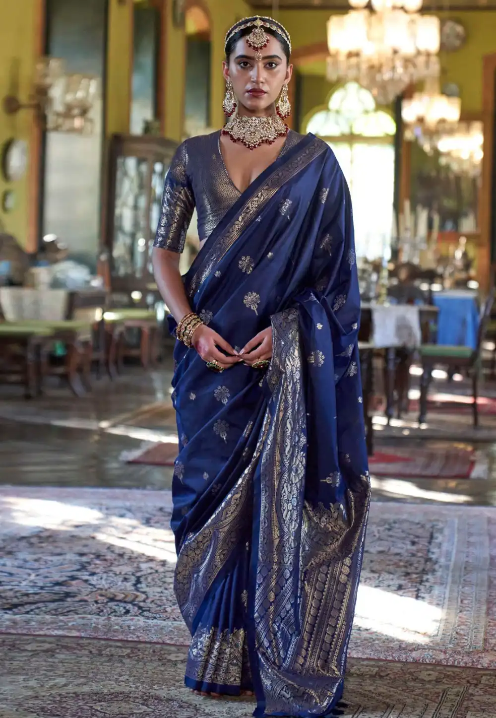 Navy Blue Silk Saree With Blouse 325879